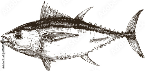 Sketch of a detailed tuna fish with sharp fins in a realistic style. Vector illustration