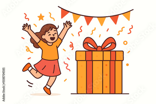 Joyful girl celebrates birthday jumping with happiness next to a large wrapped gift box under party bunting and confetti. Cute cartoon vector illustration for invitations or greetings.