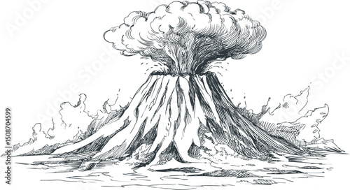 Volcanic eruption sketch with ash clouds in a black and white illustration. Vector illustration