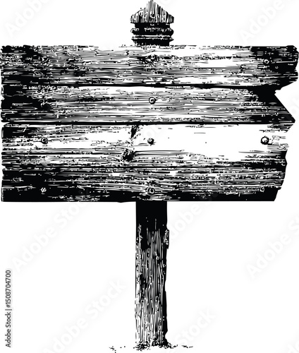 Vintage wooden sign with texture and nails in black and white illustration. Vector illustration