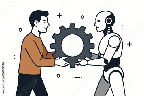 Man and Robot Holding Gear Together in Partnership, Vector Graphic Illustrating Human-AI Collaboration, Teamwork, Technological Advancement, Engineering, and Future Innovation.