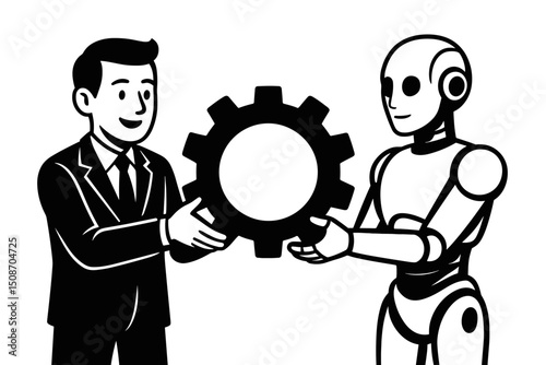 Businessman and Robot Holding Gear Vector Illustration. Human-AI collaboration, technological synergy, automation partnership, and business process innovation depicted in black and white.