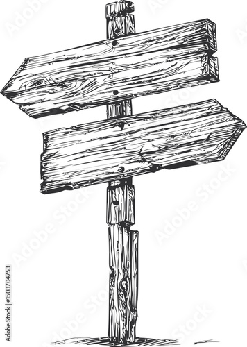 Vintage wooden directional sign with two arrows in monochrome drawing. Vector illustration