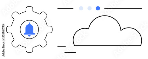 Gear with bell icon symbolizing notifications, connected to cloud with blue accent. Ideal for technology, cloud storage, notification, digital solution, system integration, automation, simple landing