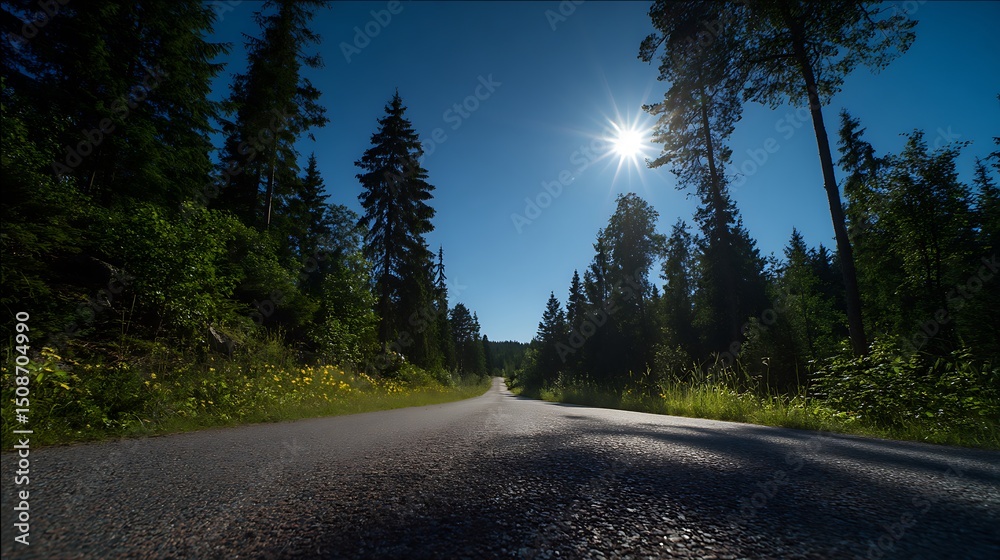 Obraz premium 숲속에 감싸인 고요한 도로 풍경 AI 생성