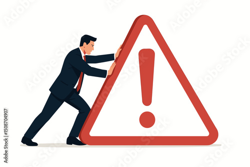 Businessman pushing a large red warning sign. Vector illustration concept for crisis management, risk assessment, problem-solving, overcoming challenges, and business obstacles.