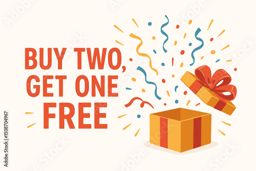 Buy Two Get One Free promotion banner vector illustration with exploding gift box, confetti, and streamers for retail sales, special offers, discounts, and advertising campaigns.