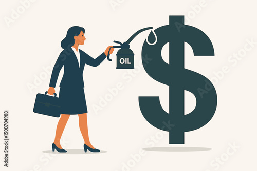 Financial metaphor illustration of a businesswoman using an oil can to lubricate a dollar symbol, representing investment, economic growth, business funding, or oil industry influence.