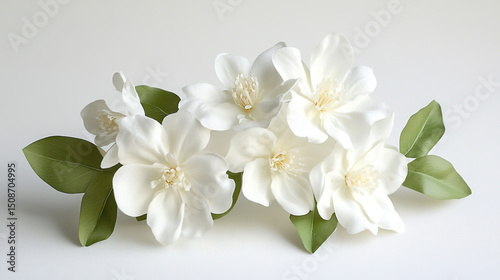 Elegant white musk blossoms and delicate flowers gently rising against a soft white background