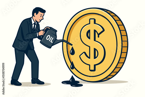 Vector art showing a businessman fueling a large dollar coin with oil from a can, symbolizing petrodollars, economic dependence, financial investment in the energy sector, and fossil fuel profits.