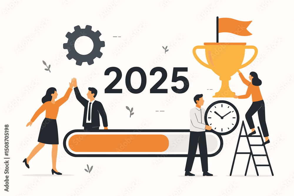 Vector Illustration of Business Team Working Towards 2025 Goals. Features Progress Bar, Trophy, Clock, and High Five symbolizing Teamwork, Achievement, Strategic Planning, and Success. Vector Illustration of Business Team Working Towards 2025 Goals. Features Progress Bar, Trophy, Clock, and High Five symbolizing Teamwork, Achievement, Strategic Planning, and Success.