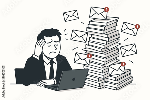 Email overload concept vector illustration. Stressed businessman at desk with laptop buried under notifications and paperwork, feeling pressure, fatigue, and burnout symptoms.