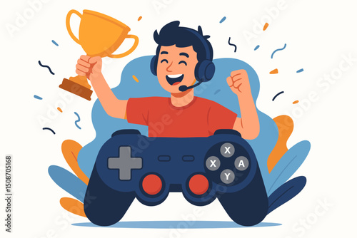 Victorious young gamer with headset raising gold trophy, celebrating win behind big game controller, esports competition success concept, flat design vector illustration isolated