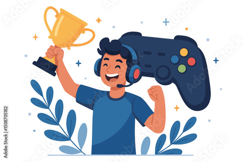 Victorious young gamer champion celebrating esports tournament win, holding a golden trophy prize, wearing headset with microphone, gamepad controller background vector illustration.