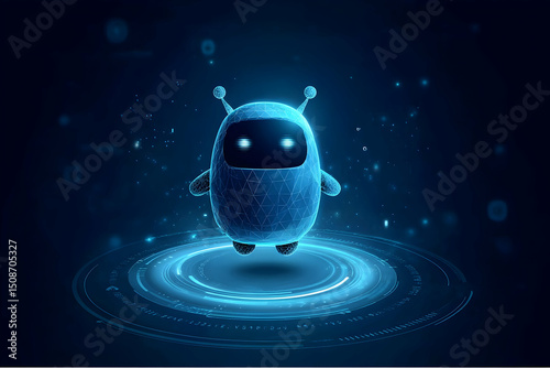 3D abstract digital AI robot floating above a light blue neon portal. Technology innovation background. Cute blue polygonal futuristic bot assistant. Tech bg. Low poly wireframe vector illustration.