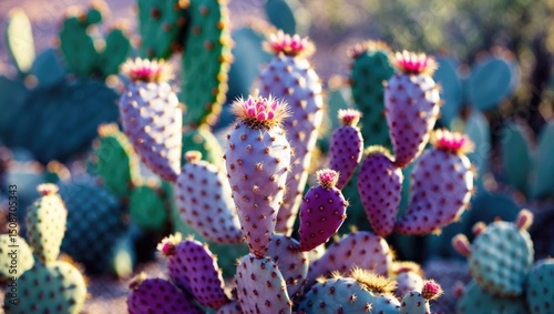 Purple prickly pear cactus in cactus with empty space for text. photo