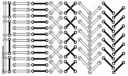 Vector illustration line,outline,silhouette set of stitches and cross stitch line patterns in black and white. Ideal for embroidery designs, clothing accents, logo,symbol,icon,and craft patterns.