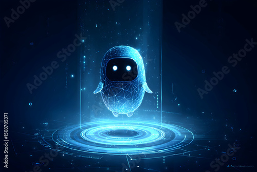 3D abstract digital AI robot floating above a light blue neon portal. Technology innovation background. Cute blue polygonal futuristic bot assistant. Tech bg. Low poly wireframe vector illustration.