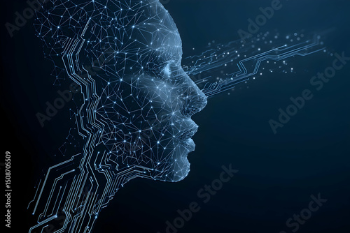 A digital human face consists of connected dots, thin lines, and triangles. The silhouette of a cyborg flows into the wires of circuit in low poly blue. AI concept. Artificial Intelligence background