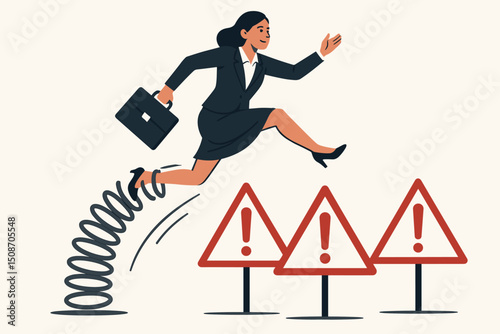 Ambitious businesswoman using a spring mechanism to leap over hazard signs, symbolizing proactive problem-solving, overcoming adversity, and achieving career goals vector art.