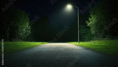 Photo of an empty road at night, with one street lamp on the right side, grass on both sides and in the background, a dark sky