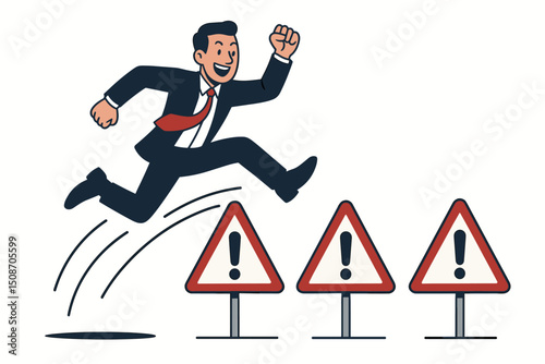 Happy businessman in a suit jumping over triangular warning obstacles. Vector illustration concept for overcoming risk, achieving goals, and business success with bold action.