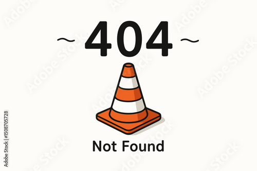 Minimalist 404 Error Not Found graphic with traffic cone illustration. Vector symbol for web page unavailable, connection failed, internet problems, or website maintenance page design.