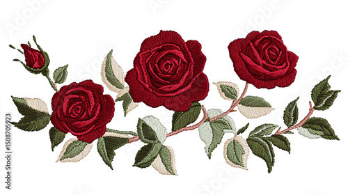 Fototapeta Naklejka Na Ścianę i Meble -  High-quality red rose embroidery design on a white background, showcasing intricate stitching and fine craftsmanship