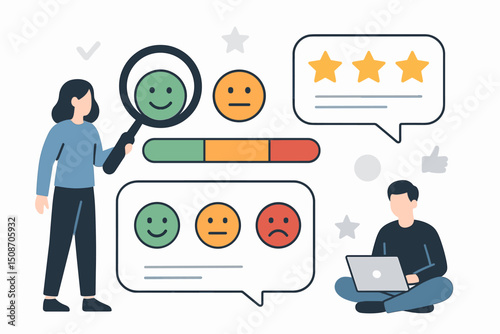 Analyzing customer satisfaction: Vector graphic depicting people evaluating consumer feedback through online reviews, emoji ratings, star scores, and satisfaction meters for UX/CX improvement.