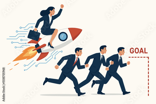 Businesswoman gains competitive advantage riding a rocket powered by technology, soaring past running businessmen to achieve success and reach the goal line vector graphic.