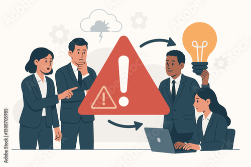 Diverse Business Team Tackling Crisis Management Challenge Collaborating to Find Innovative Solutions Vector Illustration for Risk Assessment Problem Solving and Teamwork Success