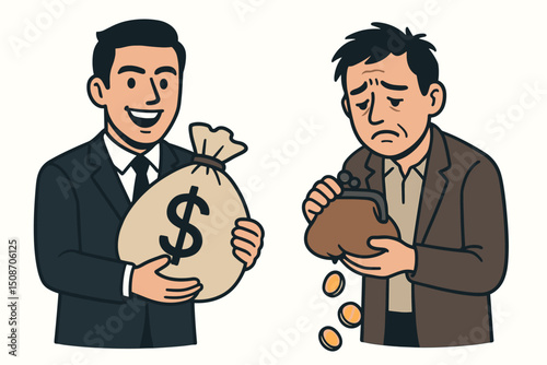 Vector illustration depicting the stark financial contrast between a wealthy businessman holding a large money bag and a poor, sad man with an almost empty purse showing the wealth gap.