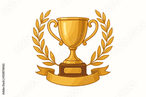 Golden trophy cup award vector with laurel wreath and blank ribbon banner. Symbolizing victory, success, achievement, first place winner, championship prize in competition or sport. Isolated icon.