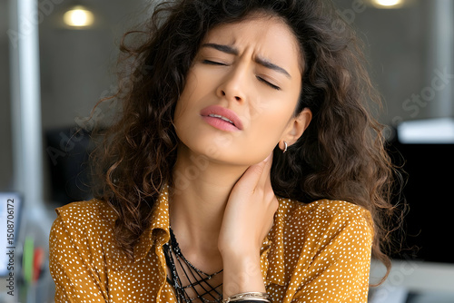 A young woman experiencing discomfort, possibly related to a sore throat, touches her neck in an office setting.