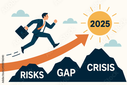 Businessman running on upward arrow overcomes risks, gap, crisis obstacles heading towards the 2025 sun. Vector concept for business opportunities, growth, strategy, and future success.