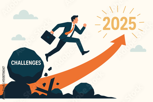 Businessman overcoming challenges, leaping over obstacles on upward arrow towards 2025 goal. Vector concept for future business opportunities, growth, success, strategy, and resilience.