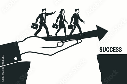 Supportive hand acting as a bridge for a business team crossing a gap towards success, illustrating mentorship, guidance, and leadership concepts in a vector graphic.