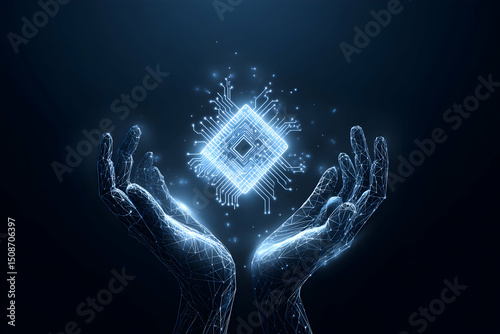 Abstract digital AI chip between human tech wireframe palms. Artificial intelligence technology background. Protection of semiconductor or microchip. Low poly wireframe vector illustration. Tech bg.