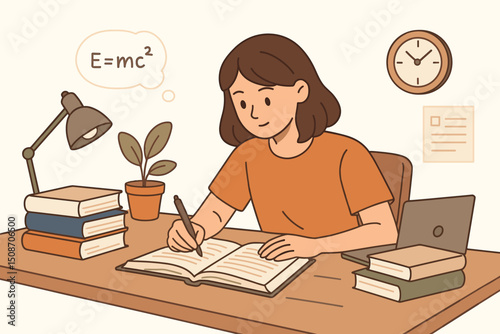 Young female student diligently preparing for exams, writing notes at her desk with books, laptop, and thinking about E=mc² formula. Flat vector illustration concept for education.