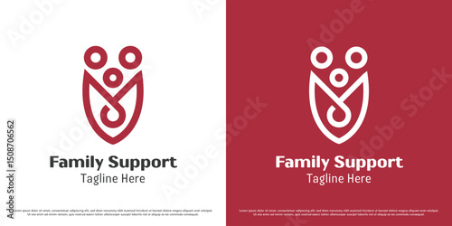 Family help logo design illustration. Family silhouette father mother child protection shield. Simple minimal abstract people security icon symbol.