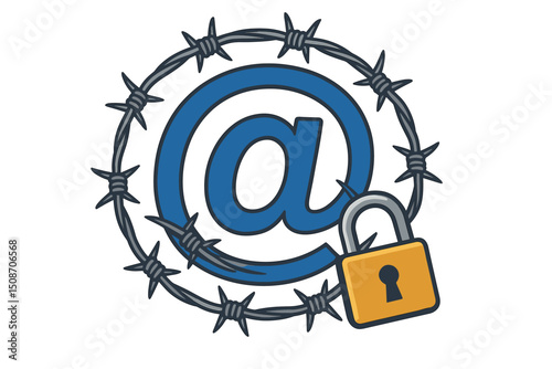 Secure email concept vector illustration with at symbol surrounded by barbed wire and a padlock representing cybersecurity, data protection, and restricted digital communication access.
