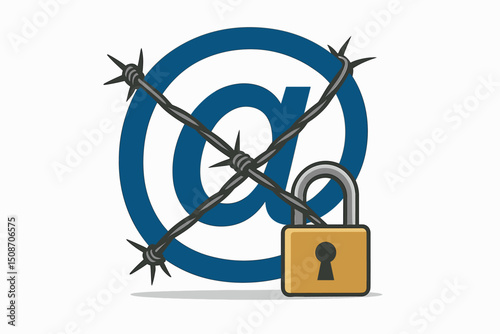 Secure email communication icon featuring the at symbol protected by barbed wire and a locked padlock, symbolizing cybersecurity, privacy defense, and encrypted messaging vector.