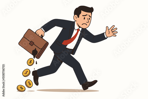 Financial leak metaphor concept showing a stressed cartoon businessman in a suit running and losing money, gold dollar coins falling out of his leaking briefcase. Vector illustration.