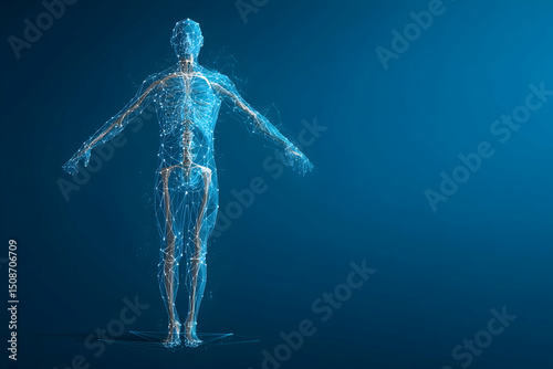 Abstract digital human body. Polygonal wireframe silhouette. Low poly anatomy blue background. Technology futuristic man or woman model. 3D vector illustration consists of thin lines, connected dots