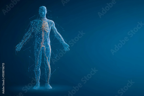 Abstract digital human body. Polygonal wireframe silhouette. Low poly anatomy blue background. Technology futuristic man or woman model. 3D vector illustration consists of thin lines, connected dots