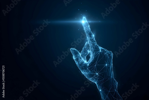 Abstract Digital Human Hand Touching on Glowing Dot. Low Poly Vector Illustration on Dark Blue Technological Background. Light Wireframe Connection Structure. Futuristic Technology Concept.