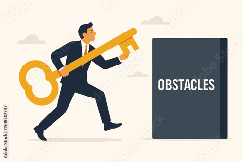Ambitious businessman uses a large golden key to unlock and overcome business obstacles. Vector concept illustration for finding solutions, strategy, motivation, and achieving success.