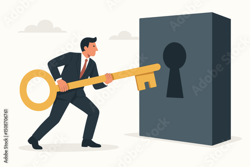 Unlocking Success: Businessman with Giant Golden Key facing Keyhole. Metaphor for finding solutions, business strategy, ambition, opportunity, achievement, and opening doors.