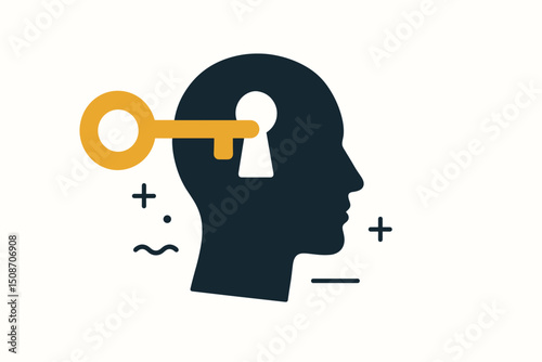 Conceptual vector art of unlocking the mind. Golden key opens keyhole in human head silhouette, representing psychology, potential discovery, mental wellness, and idea access.