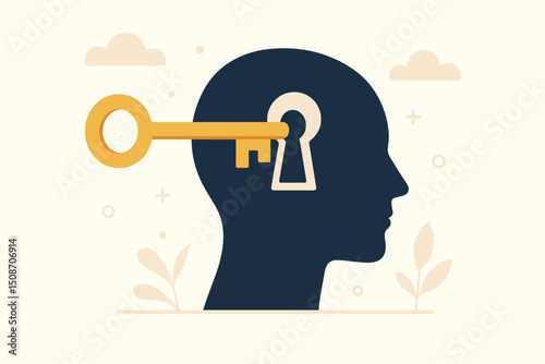 Unlocking the mind concept vector illustration. Golden key entering keyhole in human head silhouette representing mental health, psychology, self discovery, potential, and access insight.